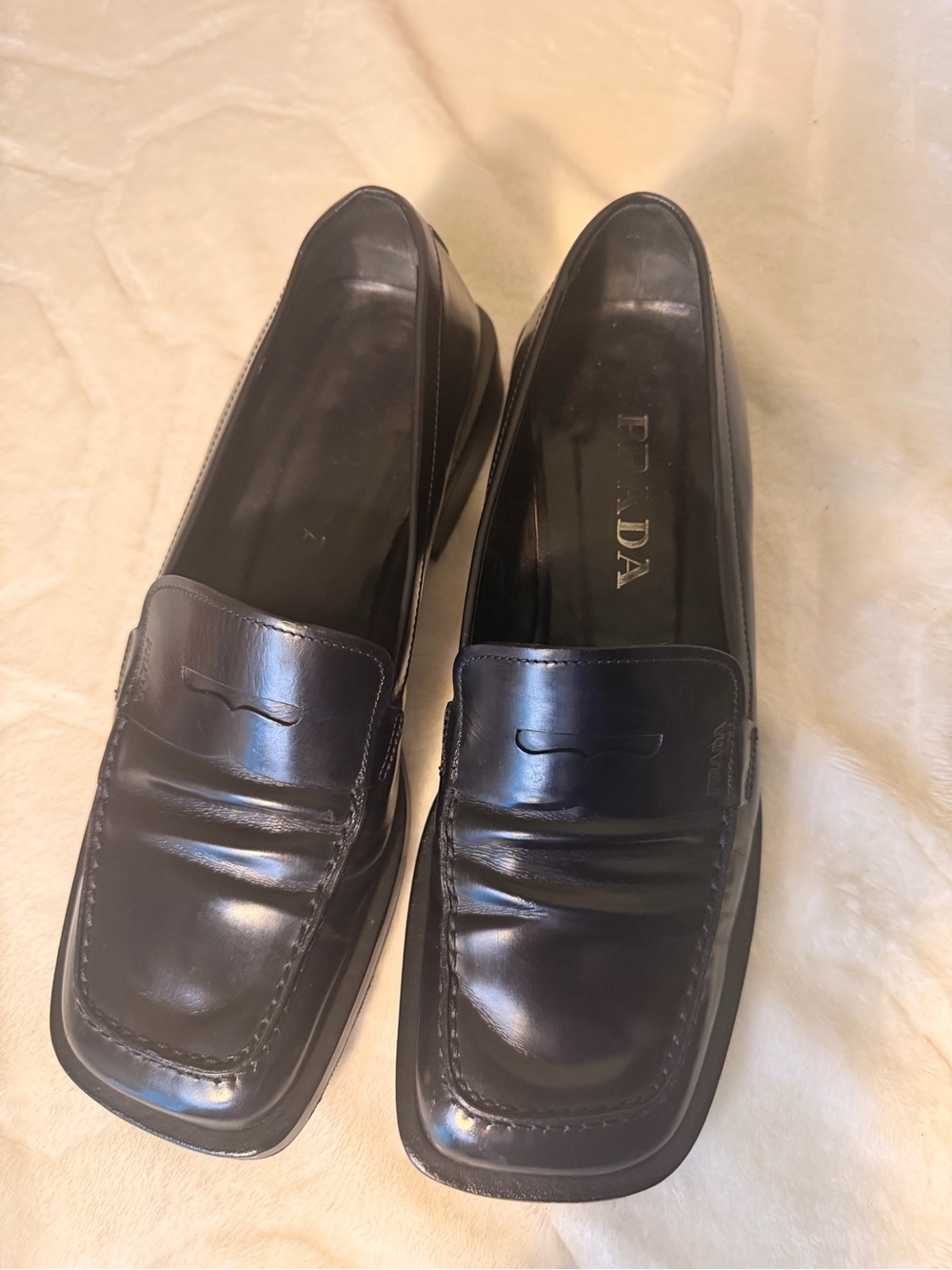 Prada Black Leather Square-Toe Penny Loafers